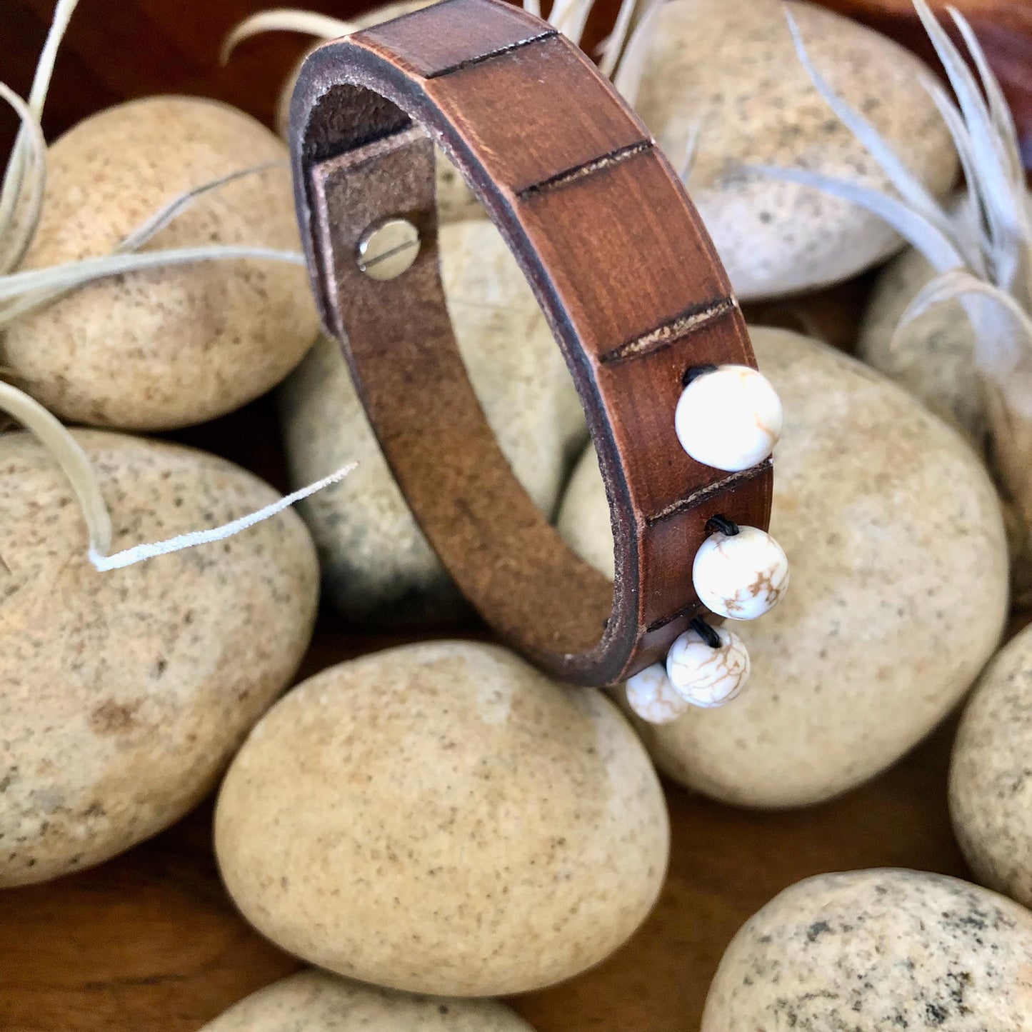 Thin Brown Leather Wristband with White Beads