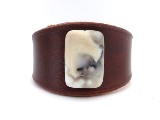 Brown Leather Bracelet Cuff with White Carnelian Stone Bead
