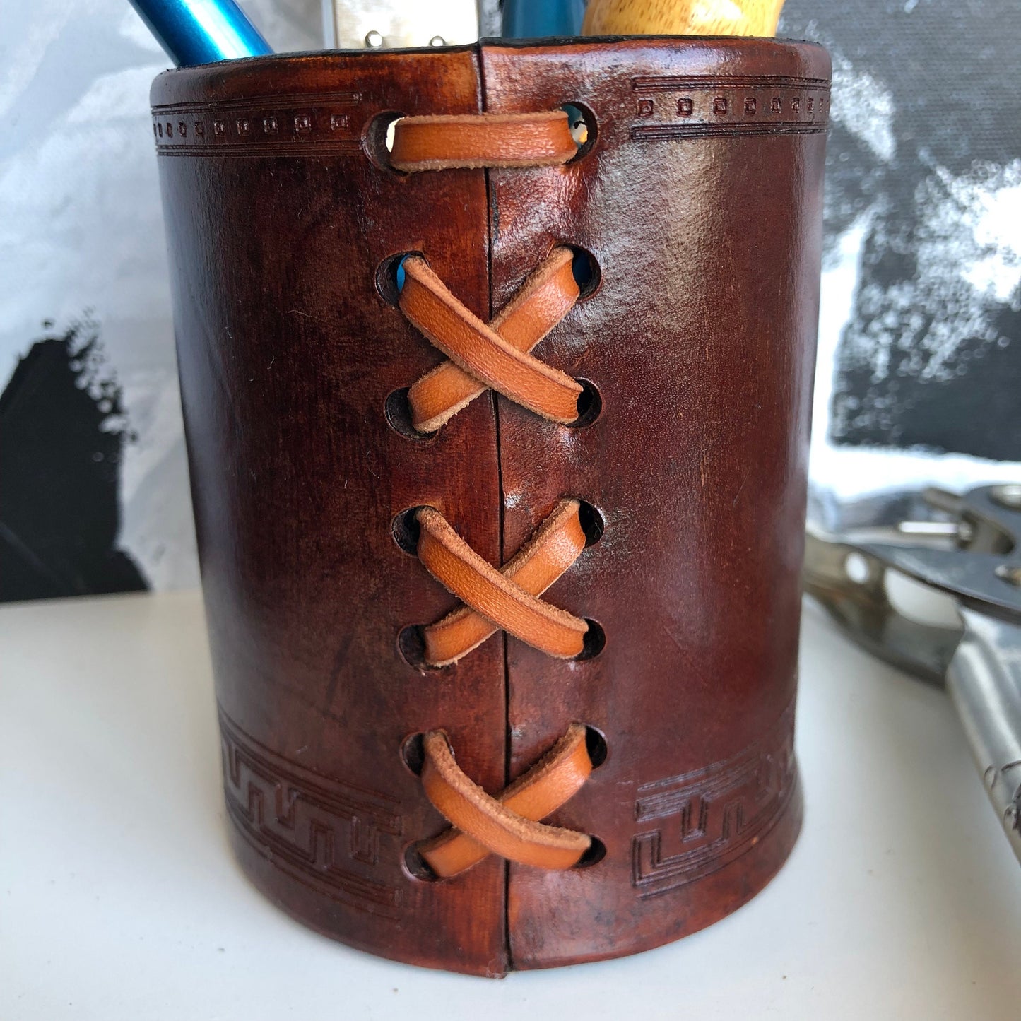 Handmade Leather Pencil and Pen Holder, Dark Brown