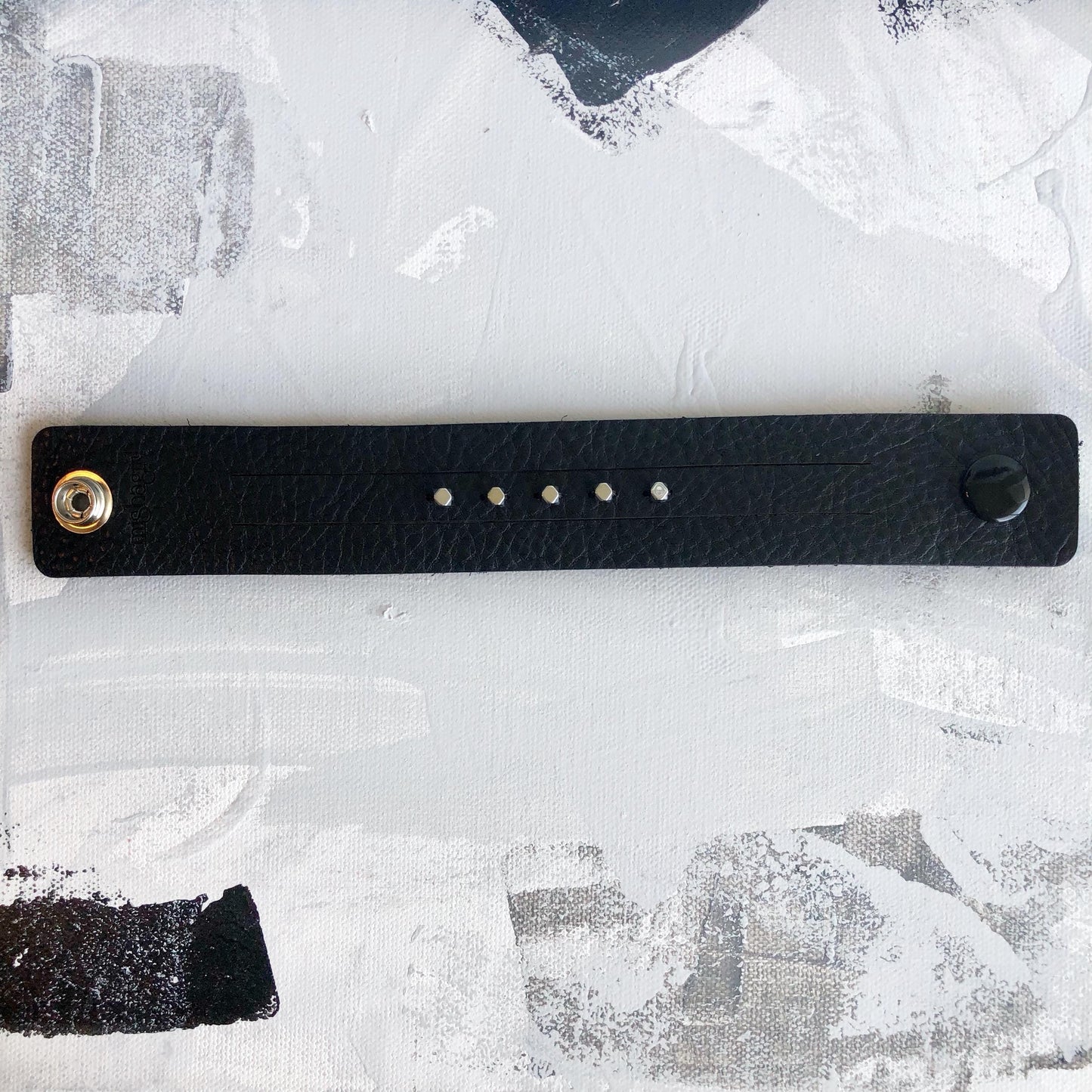Black Leather Slit Cuff with Beads