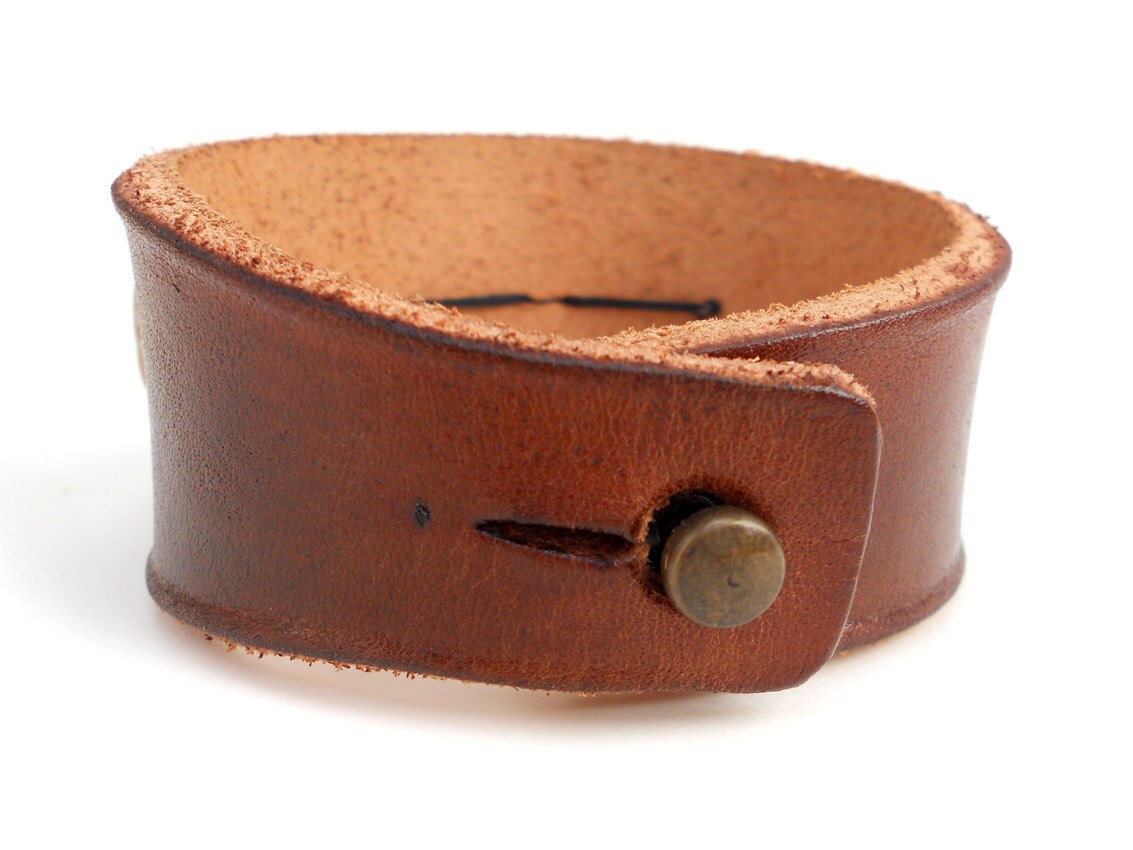 Brown Leather Cuff Bracelet with Honey Colored Jade Stone Beads