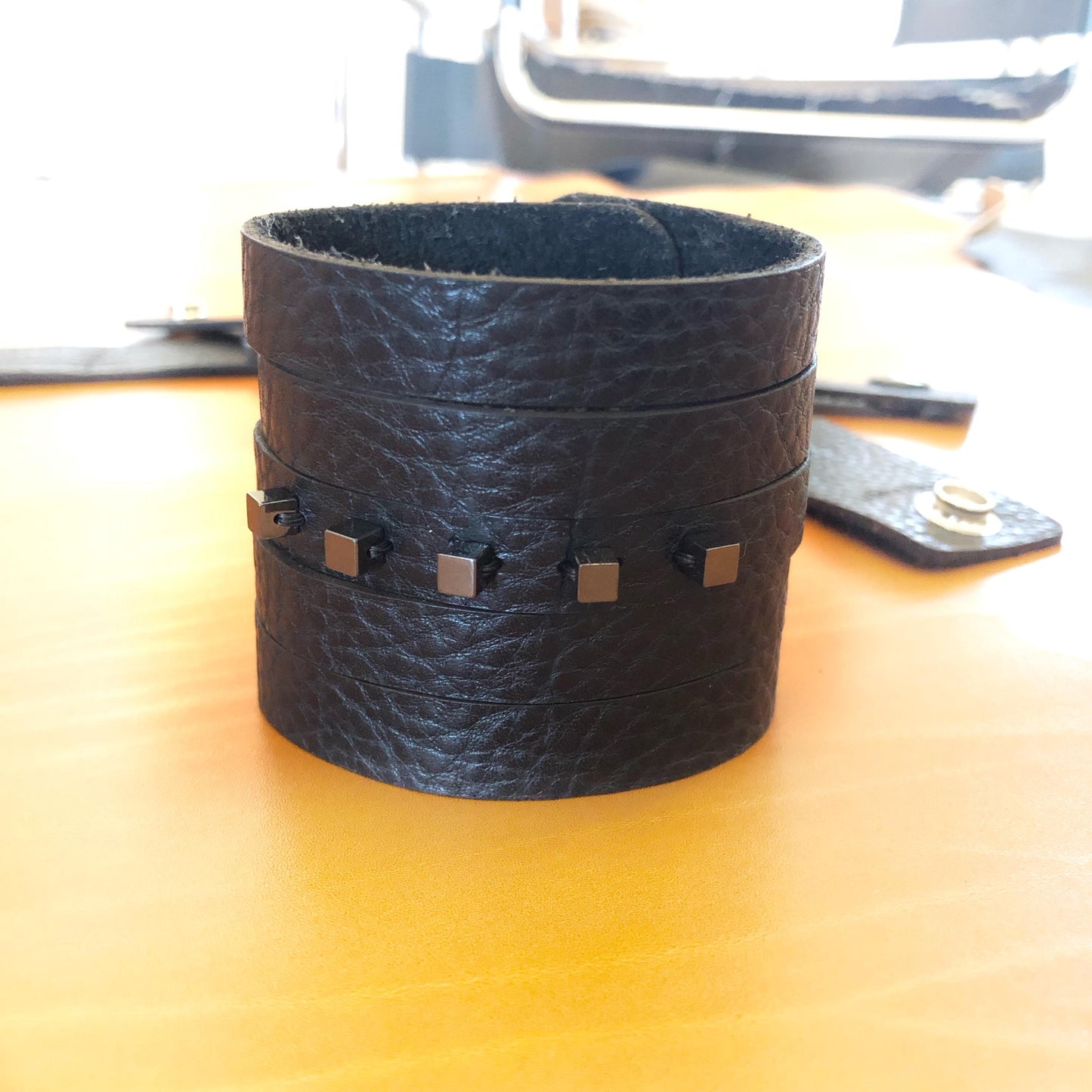 Black Leather Leather Slit Cuff with Beads