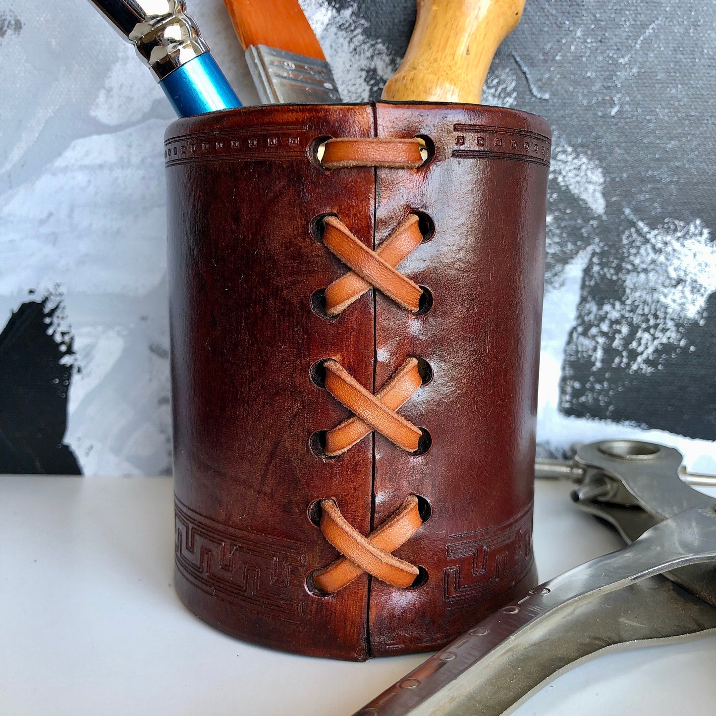 Handmade Leather Pencil and Pen Holder, Dark Brown