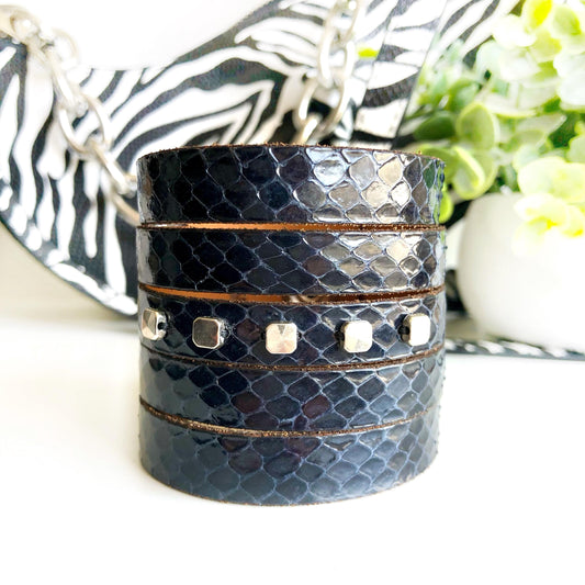 Navy Blue Snakeskin Leather Wrist Cuff with Slits