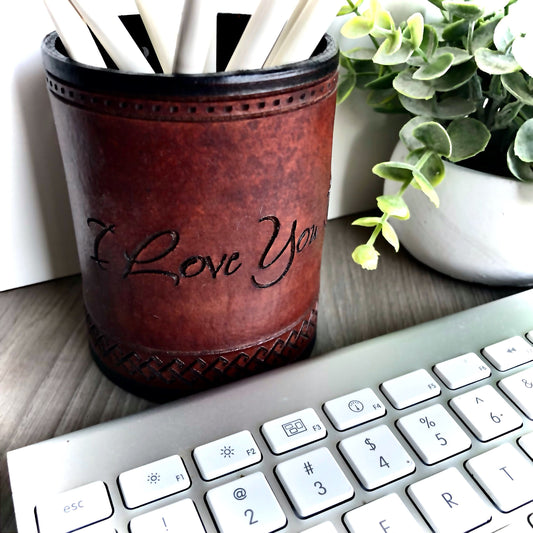 Handmade Leather Pencil and Pen Holder Engraved with I Love You Dad!!
