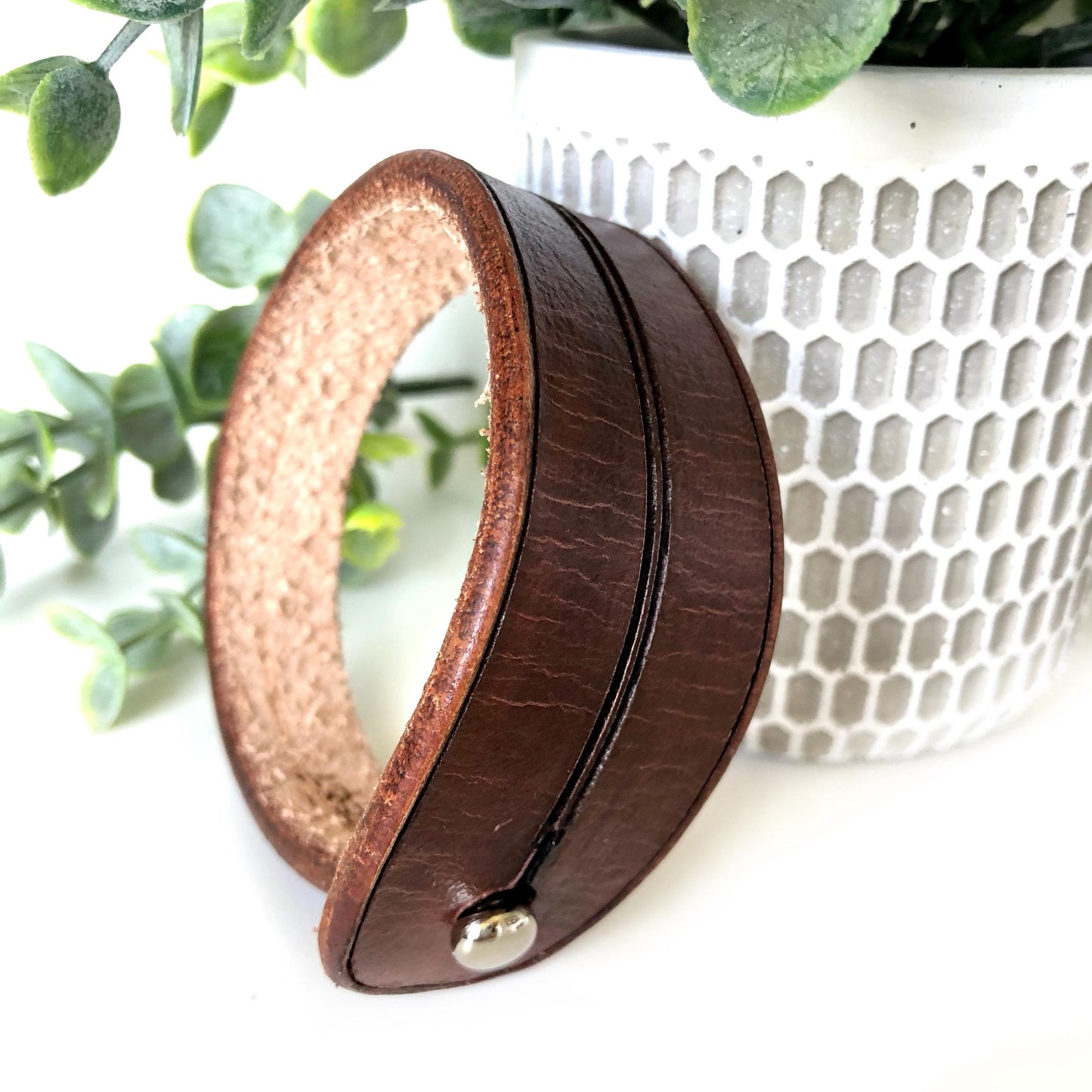 Classic Brown Leather Bracelet for Men Handmade from Rawhide Leather