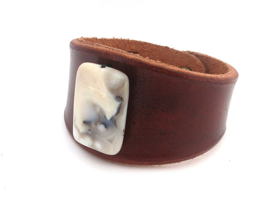 Brown Leather Bracelet Cuff with White Carnelian Stone Bead