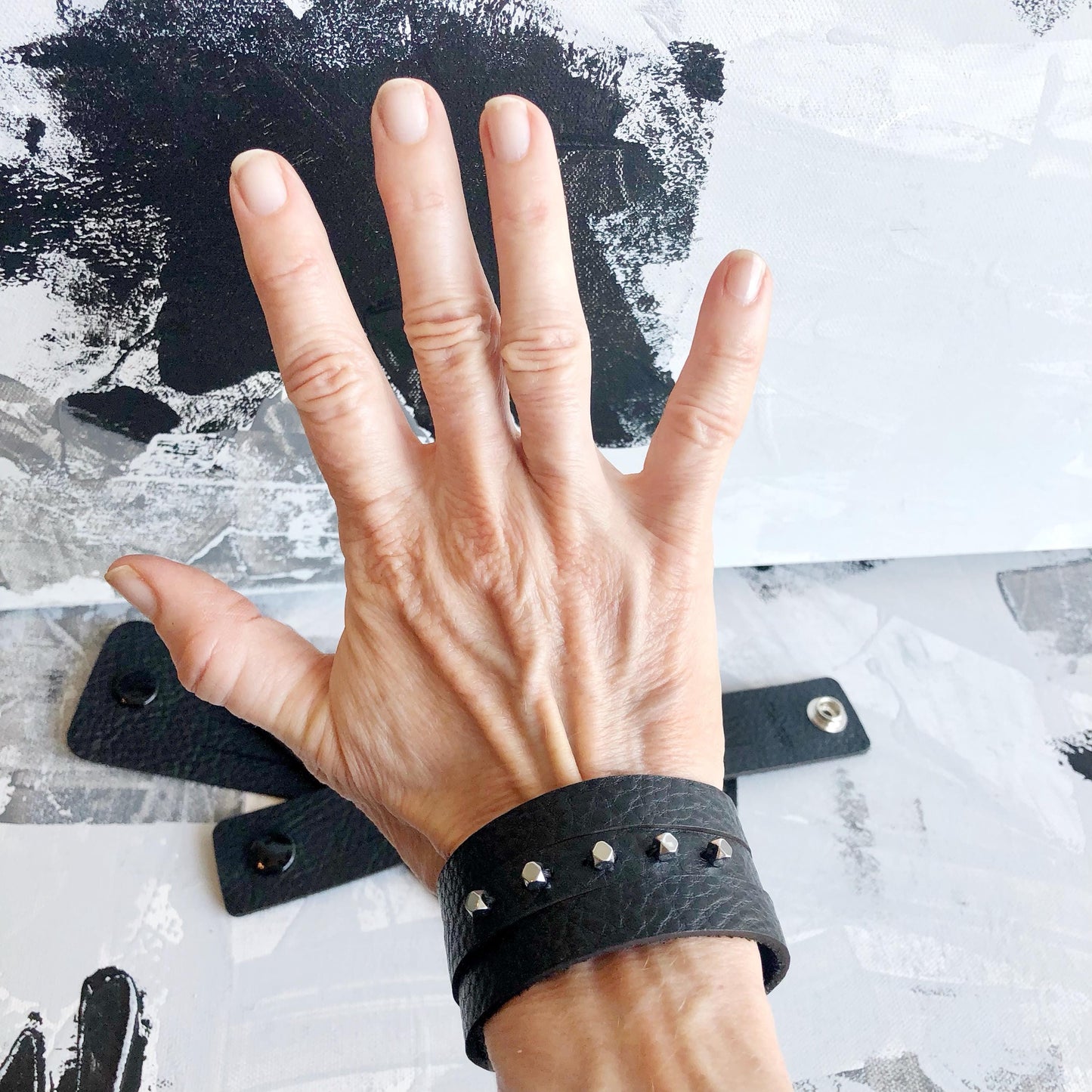 Black Leather Slit Cuff with Beads