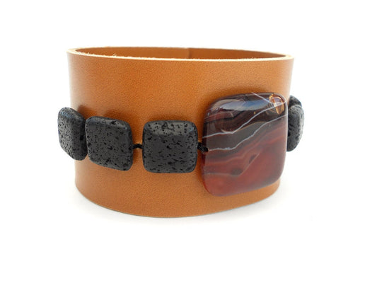 Handmade Leather Bracelet with Black Lava Stone Beads
