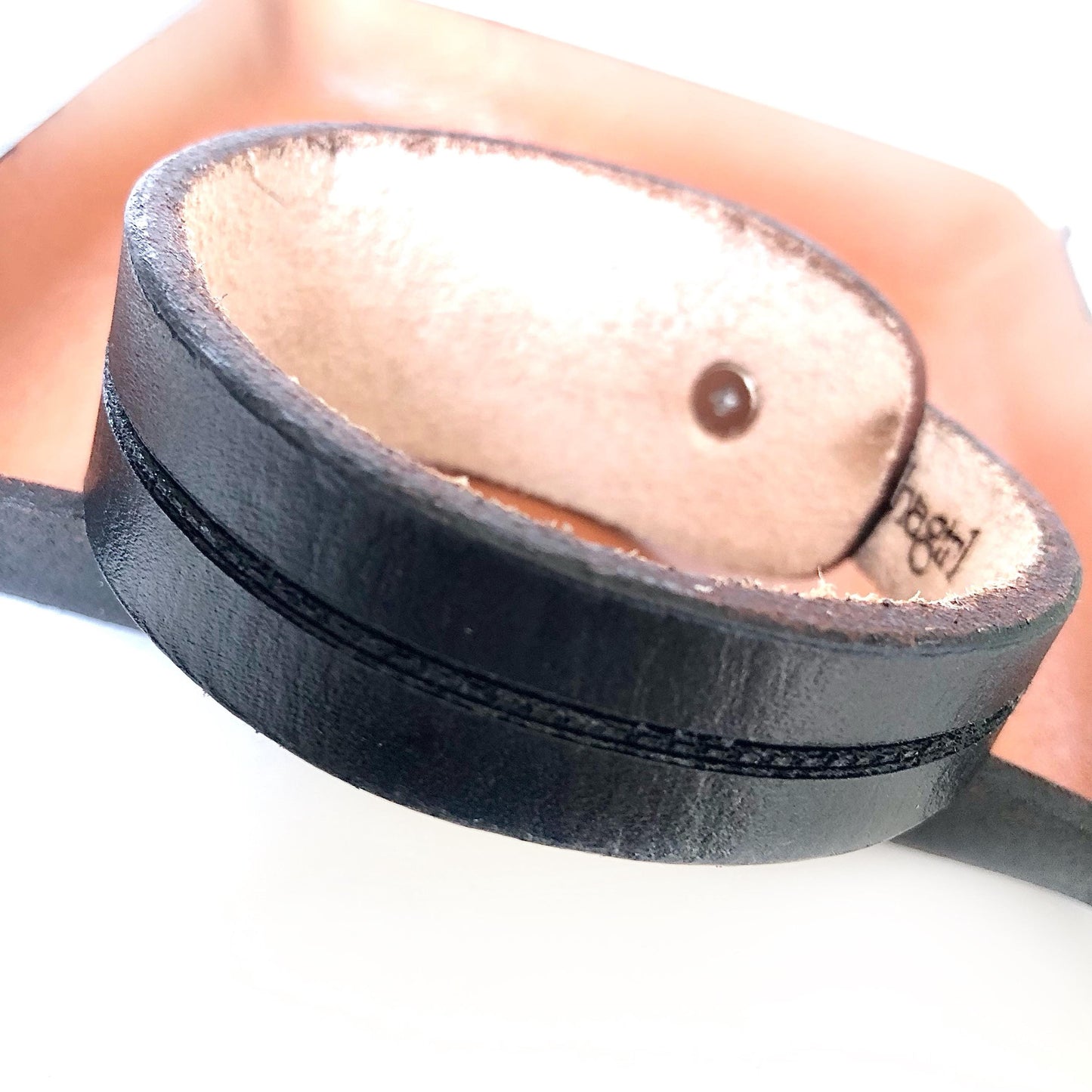 Classic Black Leather Bracelet for Men Handmade from Rawhide Leather