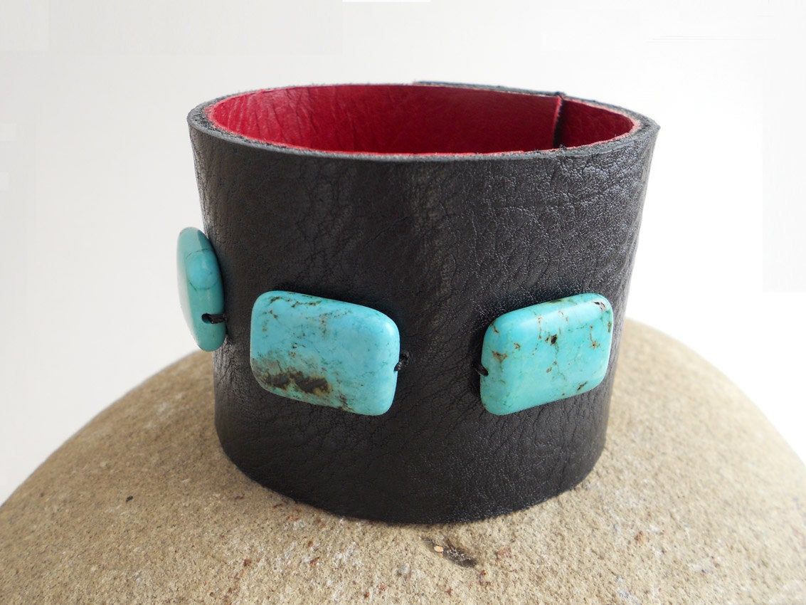 Wide Black Leather Bracelet Cuff with Turquoise Beads