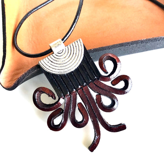 Leather Fringe Necklace Black and Mahogany