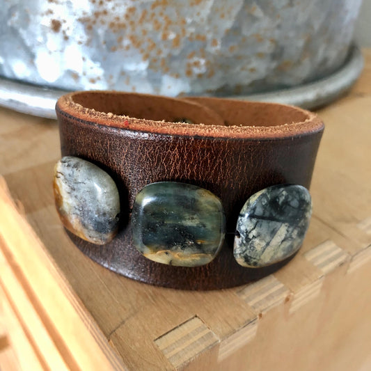 Brown Leather Bracelet with Earthy Jade Stone Beads