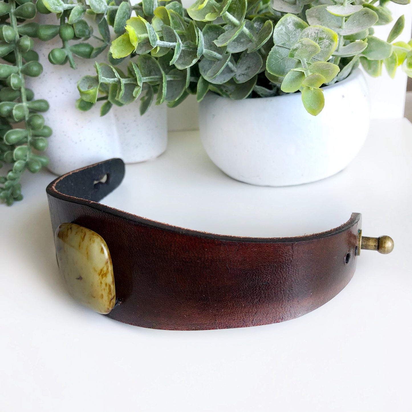 Brown Leather Bracelet with Jade Stone Bead