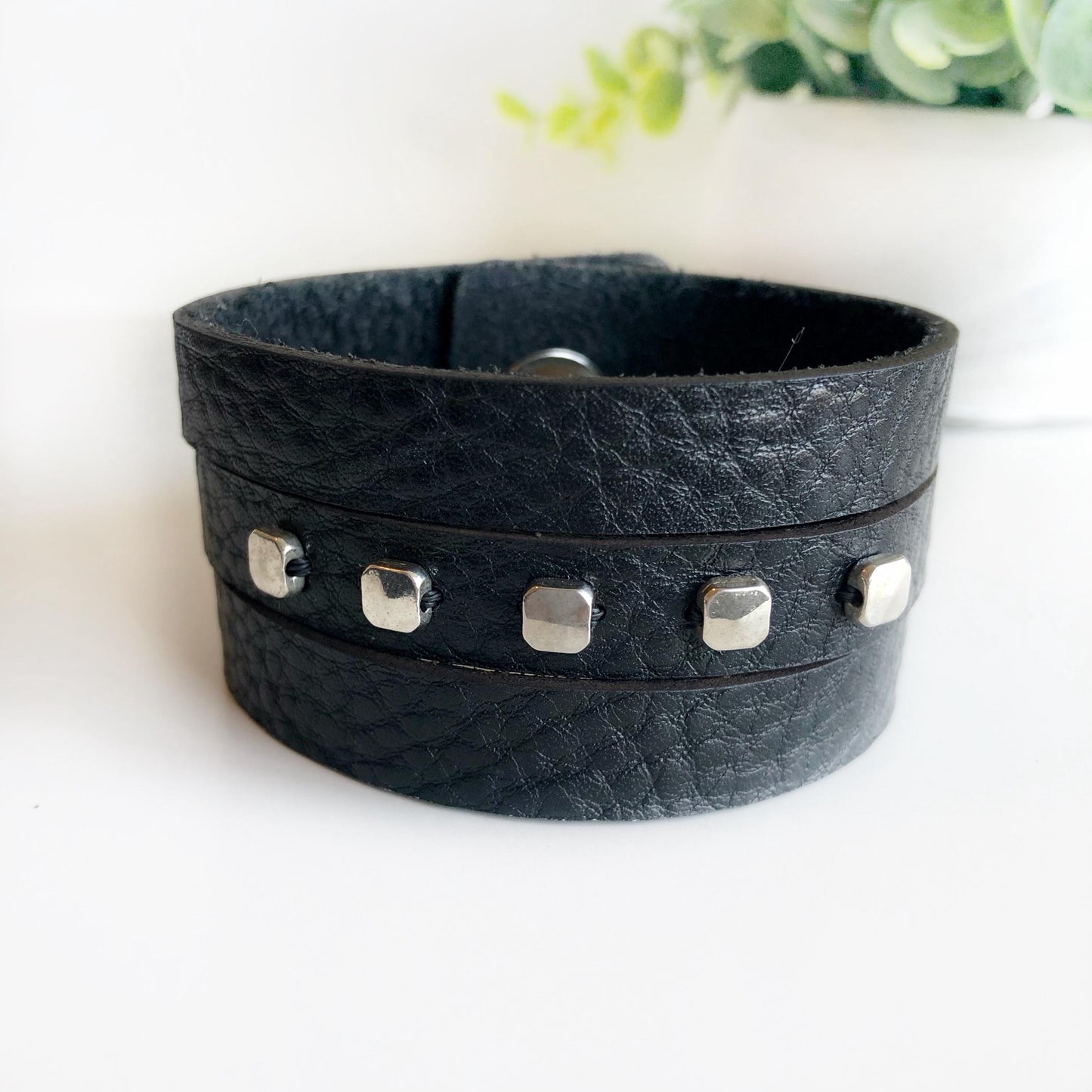 Black Leather Leather Slit Cuff with Beads