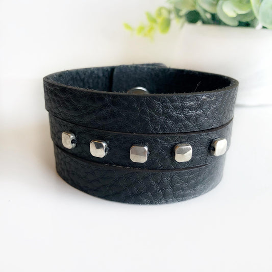 Black Leather Leather Slit Cuff with Beads