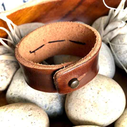 Brown Leather Bracelet Cuff with Yellow Jade Stone Beads
