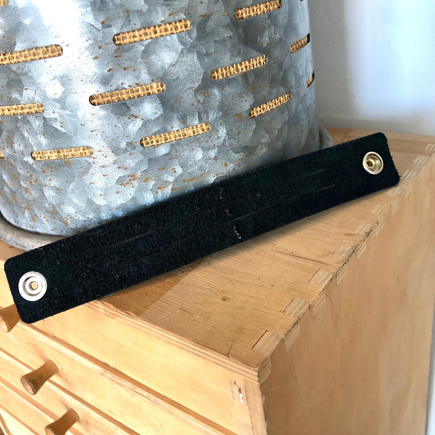 Black Leather Slit Cuff with Beads