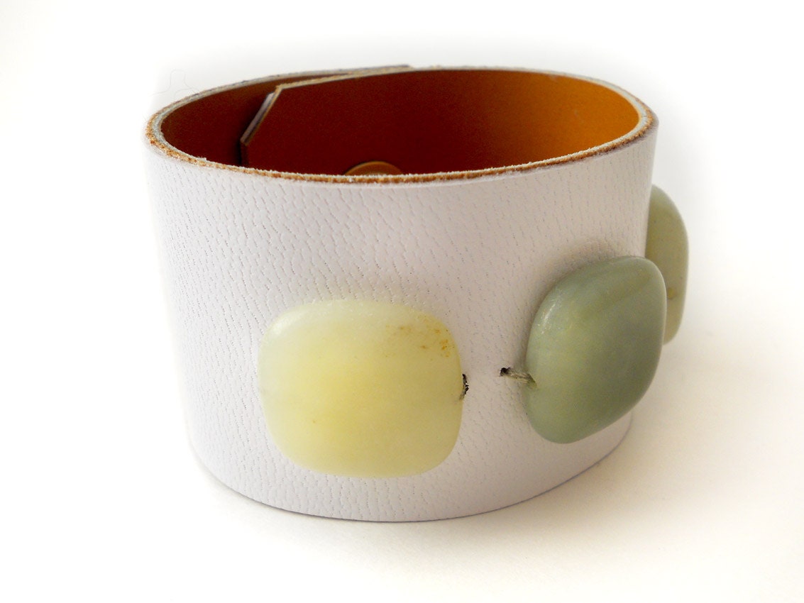 White Leather Bracelet with Green Jade Stone Beads