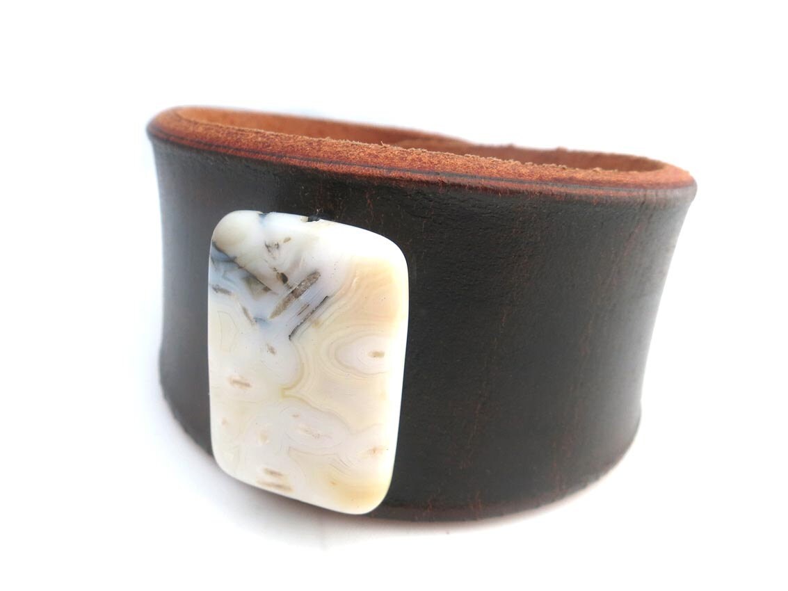 Dark Brown Leather Bracelet with White Carnelian Stone Bead