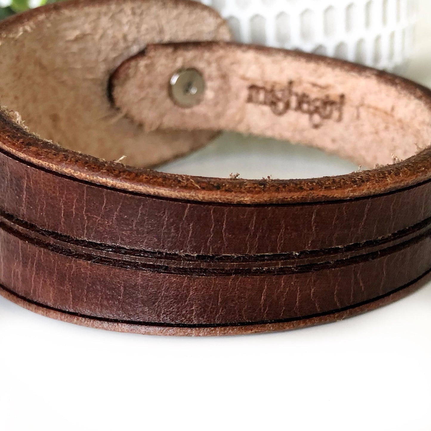 Classic Brown Leather Bracelet for Men Handmade from Rawhide Leather