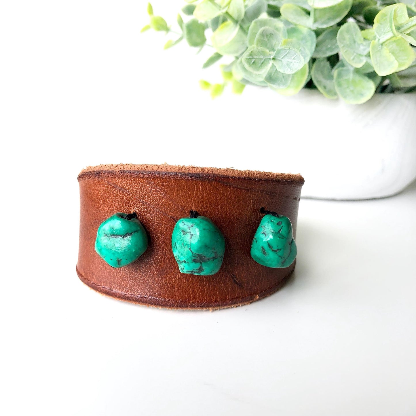 Brown Leather Bracelet Cuff with Teal Beads