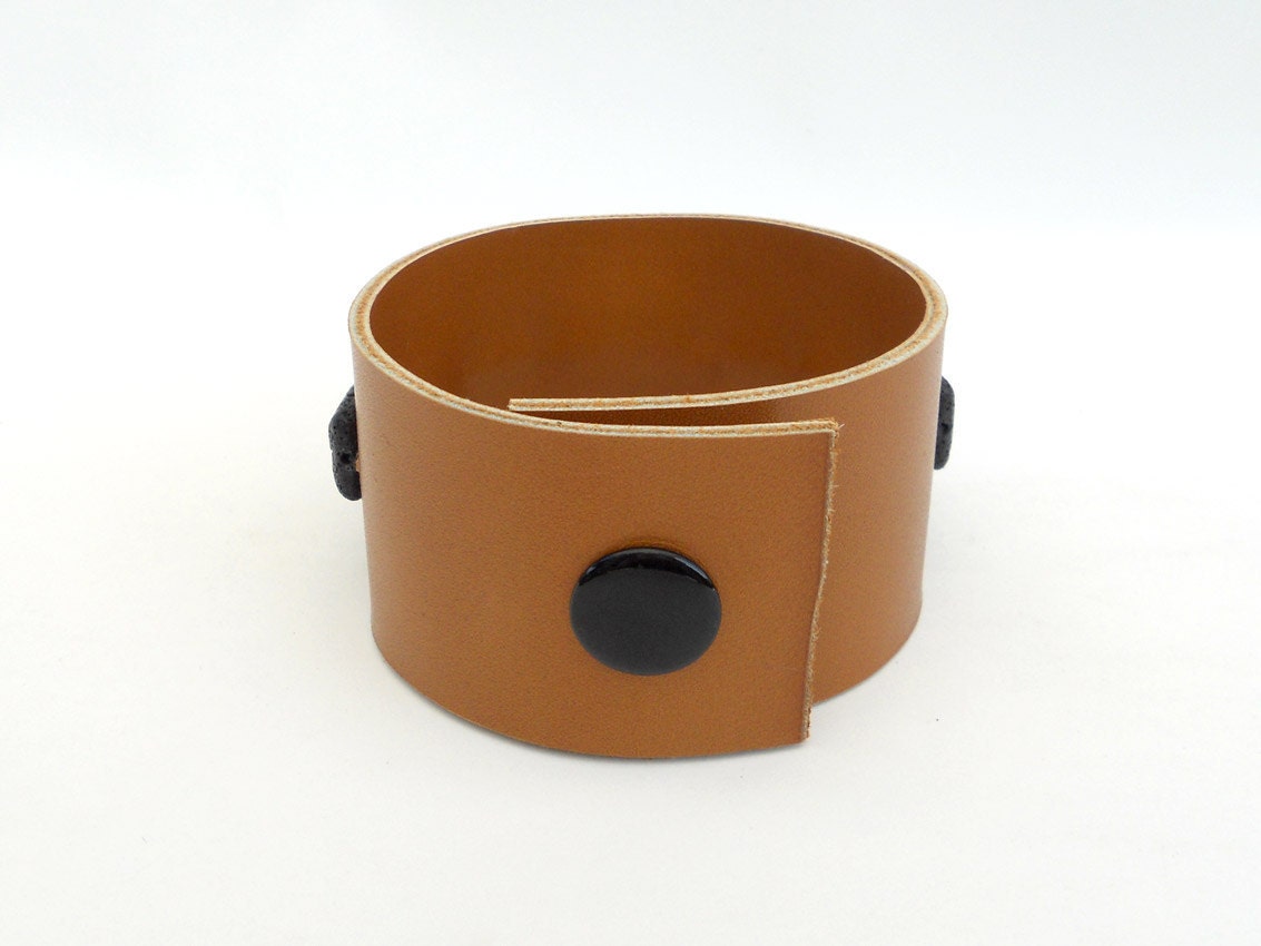 Handmade Leather Bracelet with Black Lava Stone Beads
