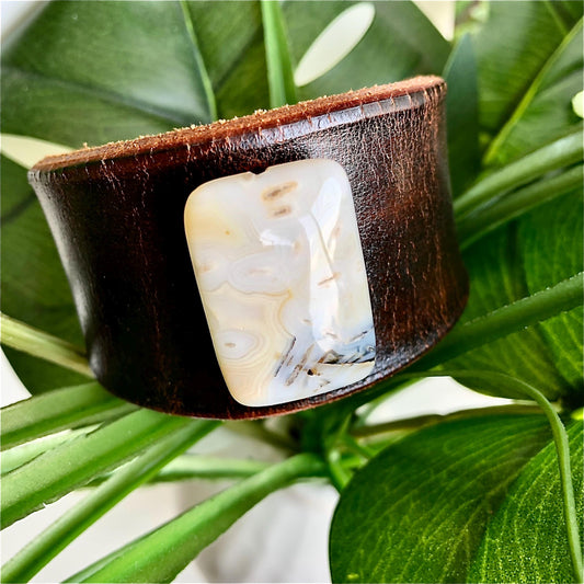 Dark Brown Leather Bracelet with White Carnelian Stone Bead