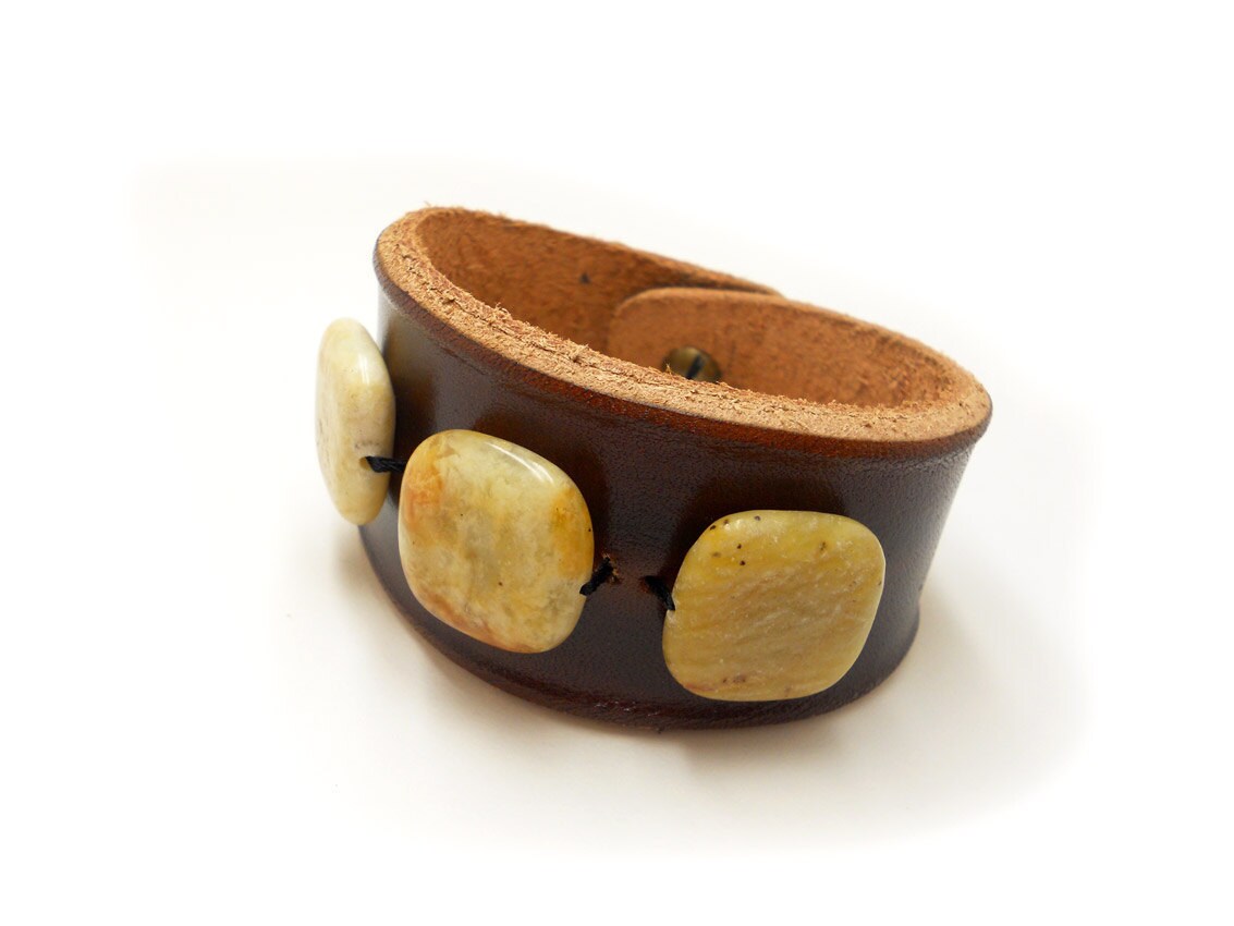 Brown Leather Bracelet Cuff with Yellow Jade Stone Beads