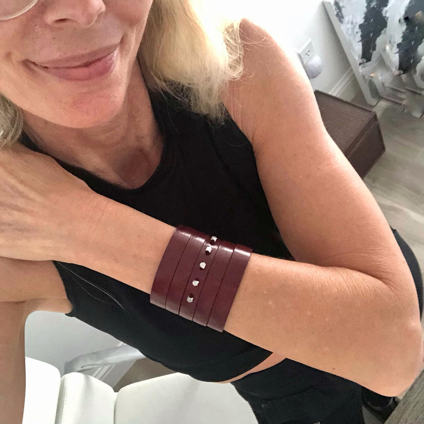Burgundy Leather Wrist Cuff with Slits