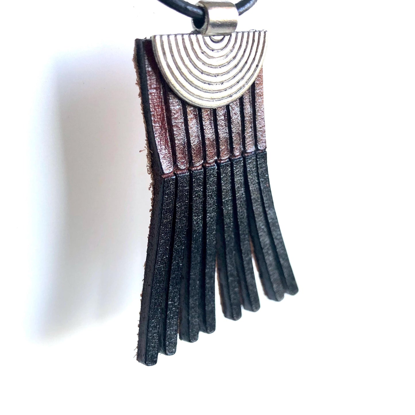 Black and Brown Leather Fringe Necklace