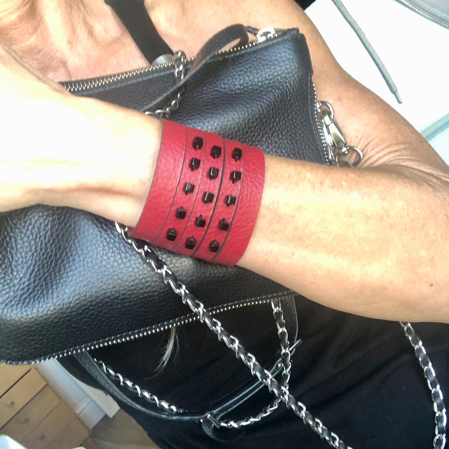 Women's Sexy Red Leather Slit Cuff