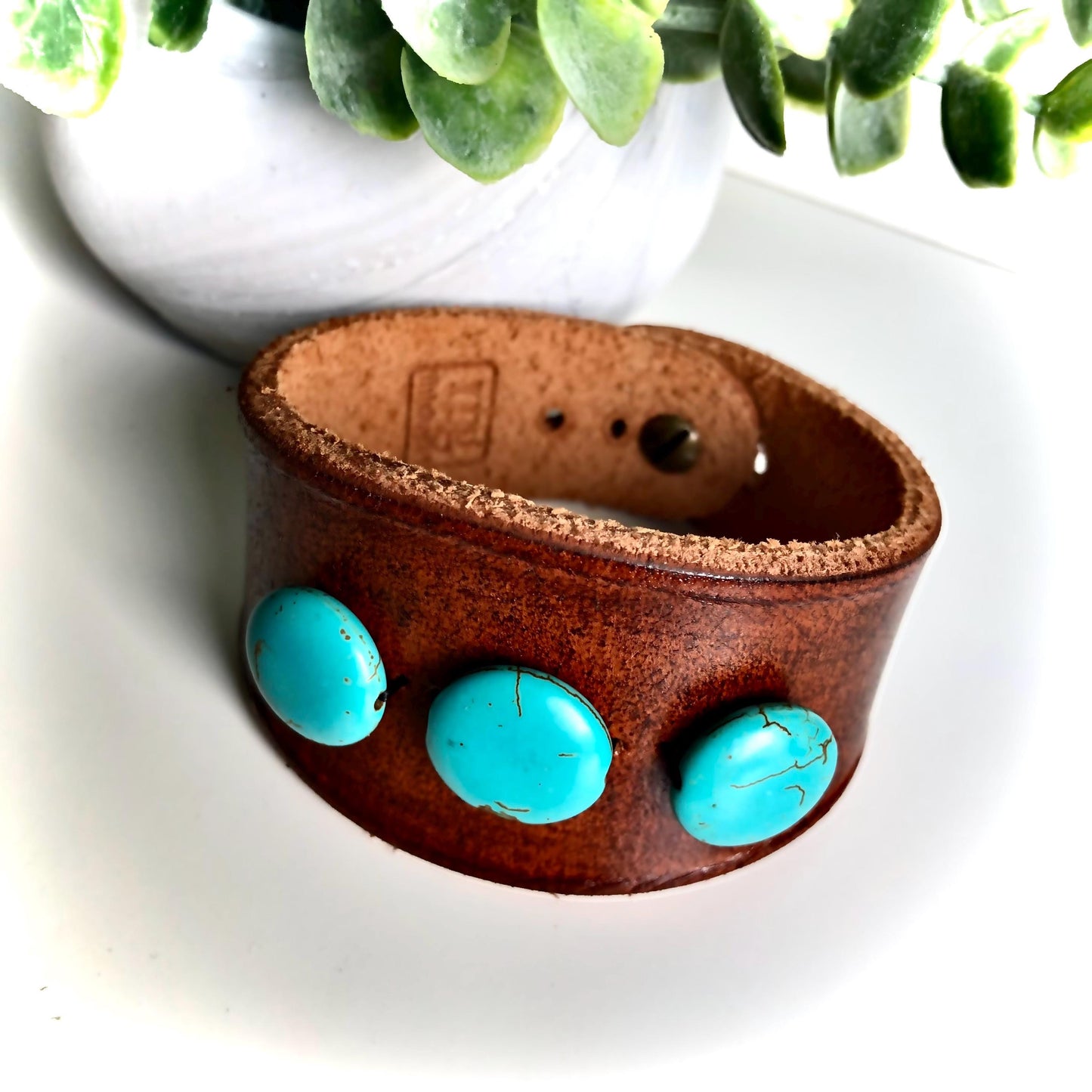 Brown Leather Bracelet with Round Turquoise Beads