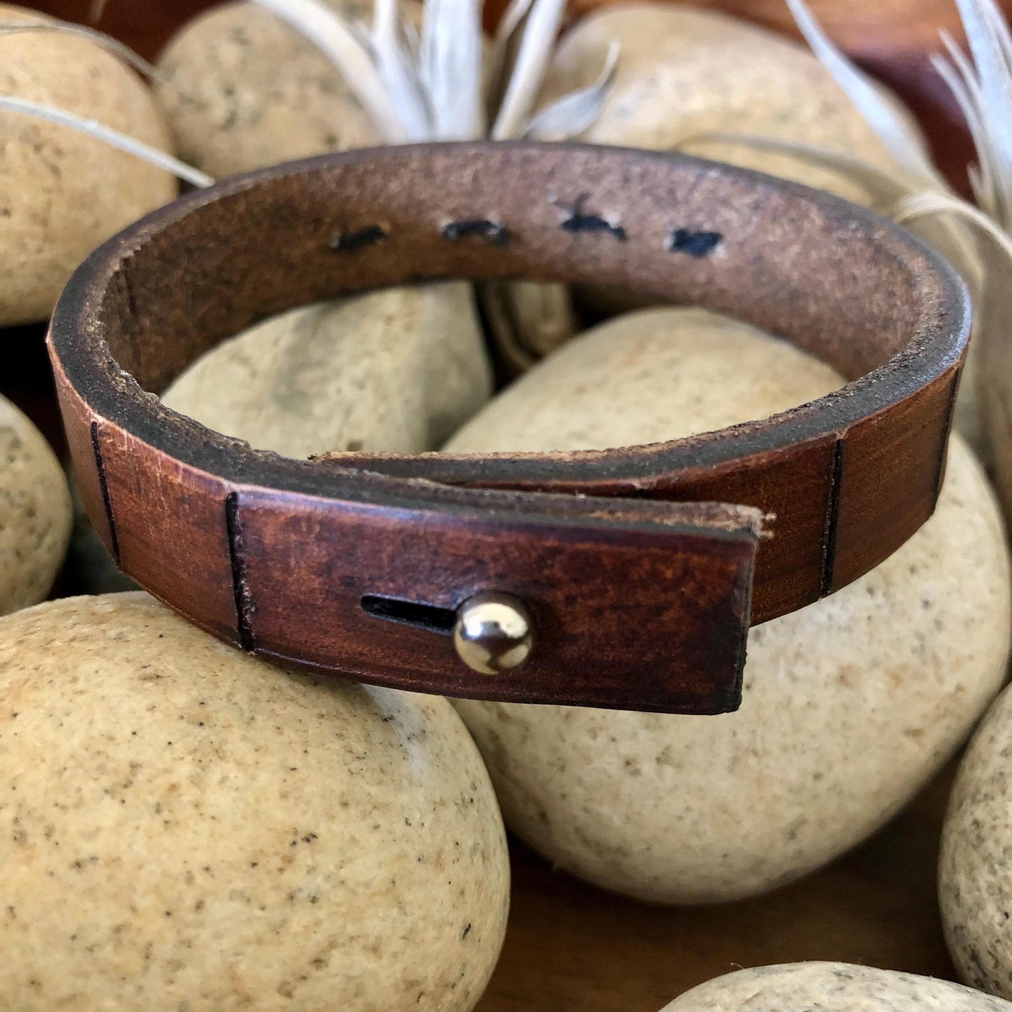 Thin Brown Leather Wristband with White Beads