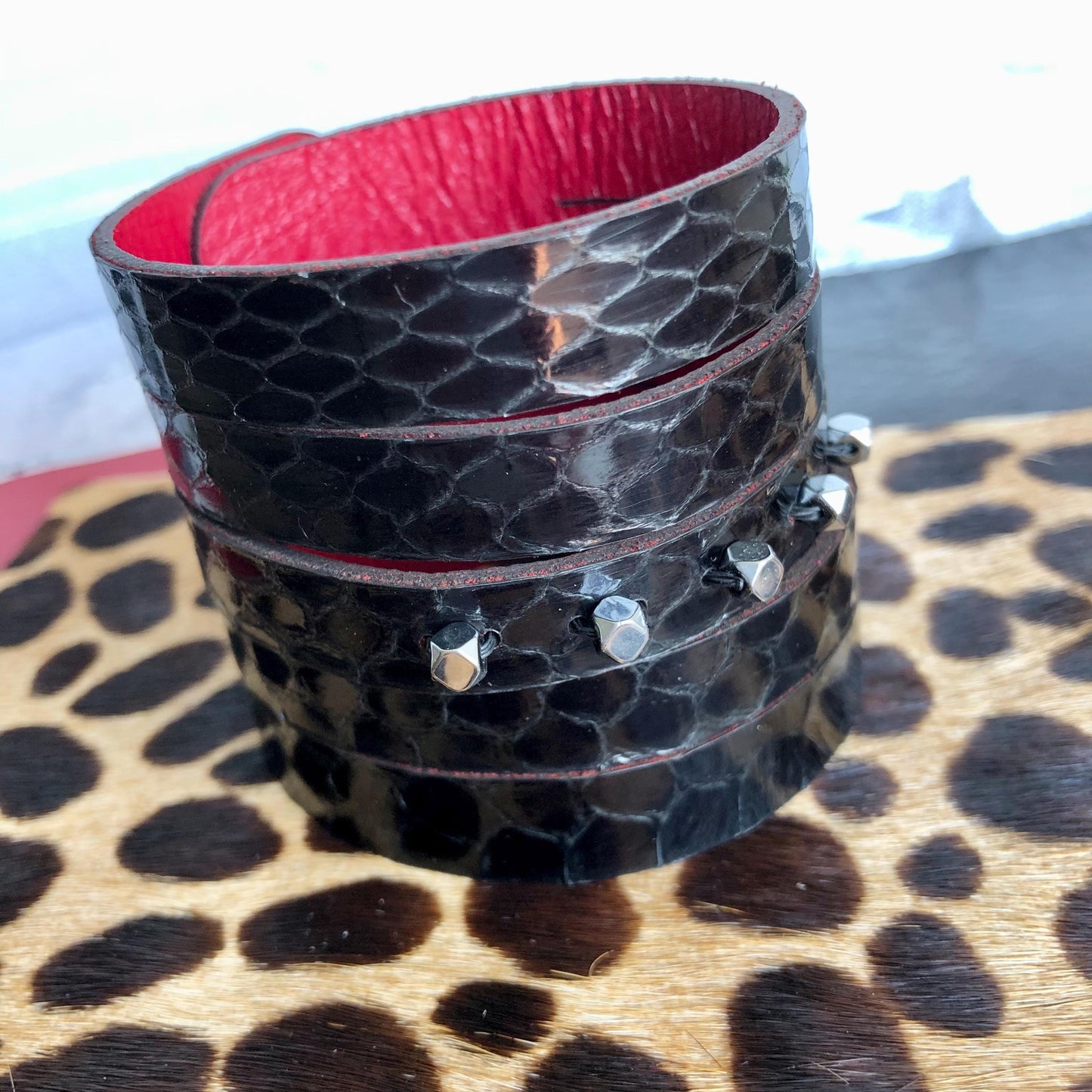 Black Snakeskin Leather Slit Cuff with Beads