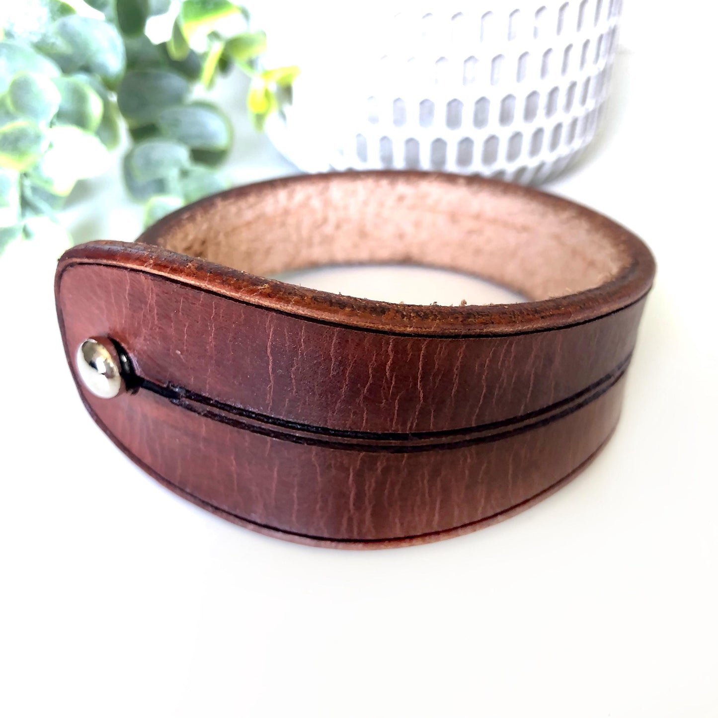 Classic Brown Leather Bracelet for Men Handmade from Rawhide Leather