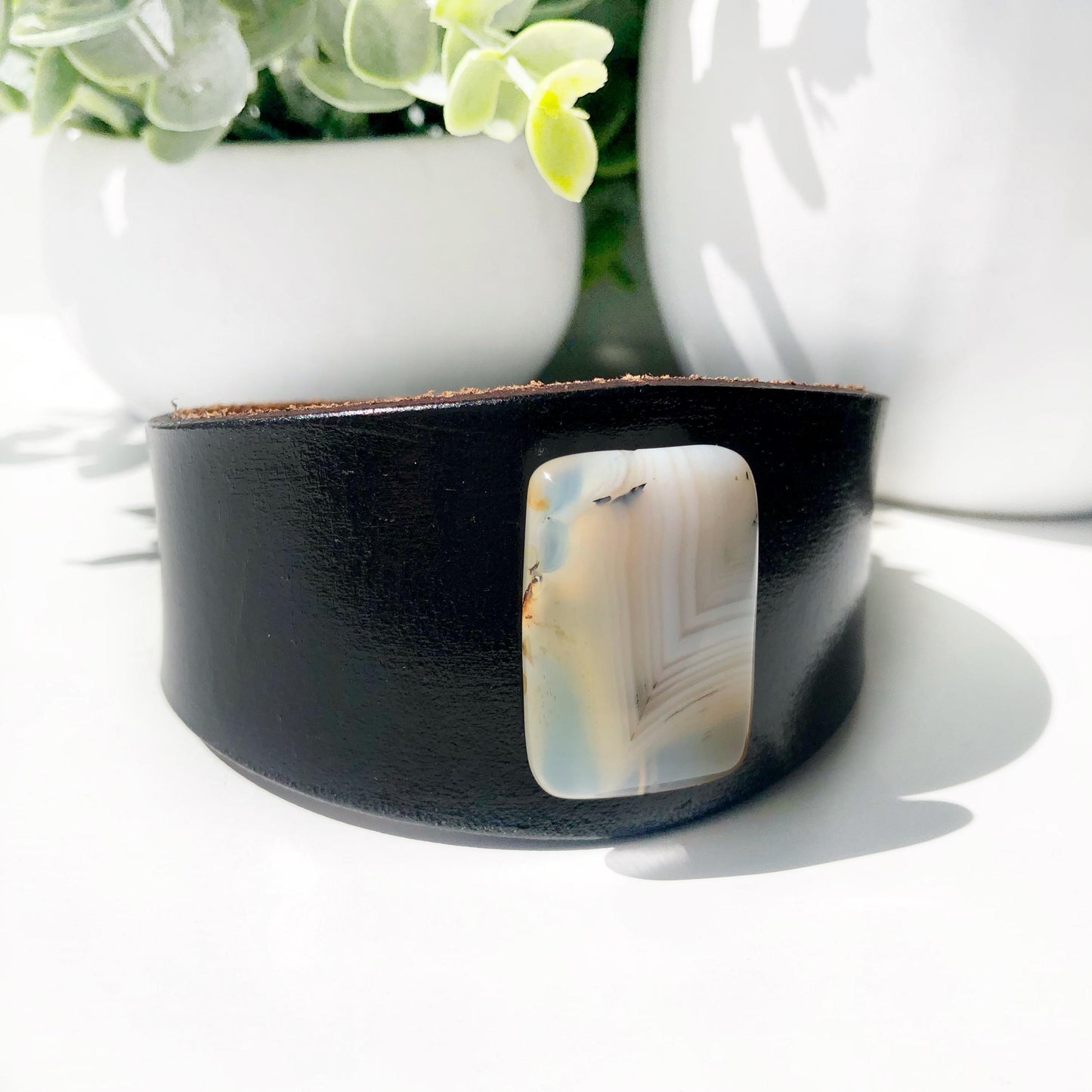 Black Leather Bracelet Cuff with Carnelian Bead