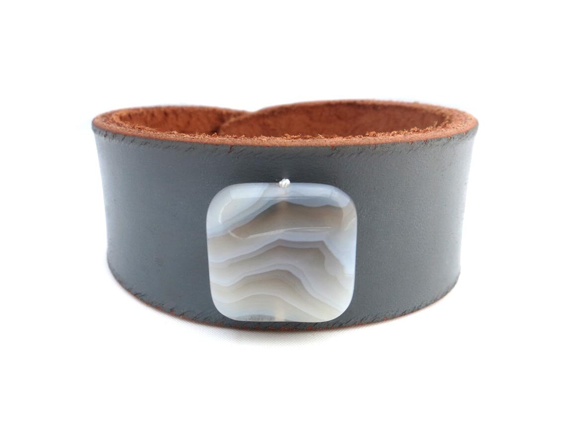 Gray Rawhide Leather Bracelet with White Agate Stone Bead