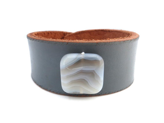 Gray Rawhide Leather Bracelet with White Agate Stone Bead