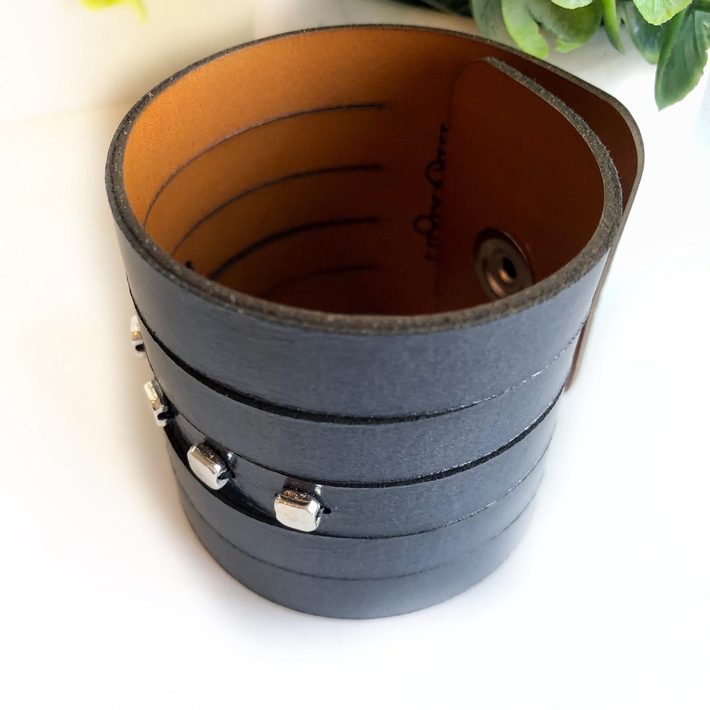 Navy Blue Leather Slit Bracelet with Beads