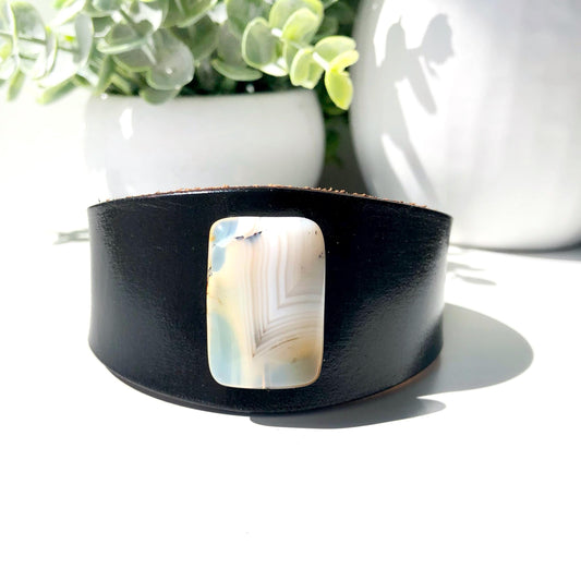 Black Leather Bracelet Cuff with Carnelian Bead
