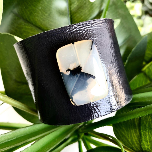 Handmade Navy Blue Leather Cuff Bracelet with Carnelian Stone Bead
