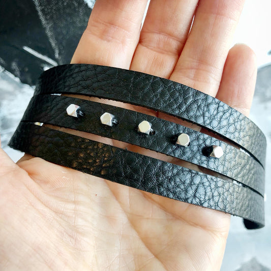 Black Leather Slit Cuff with Beads