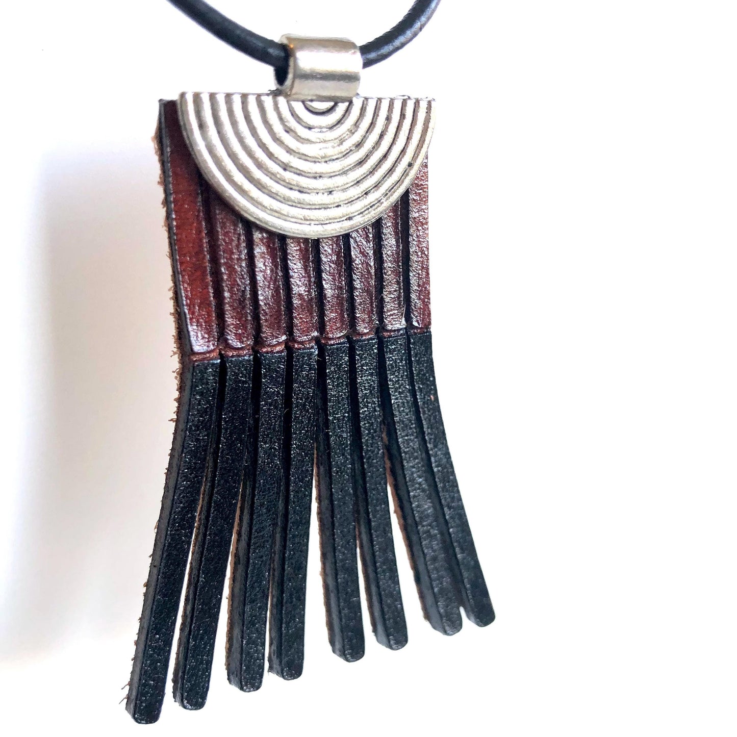 Black and Brown Leather Fringe Necklace