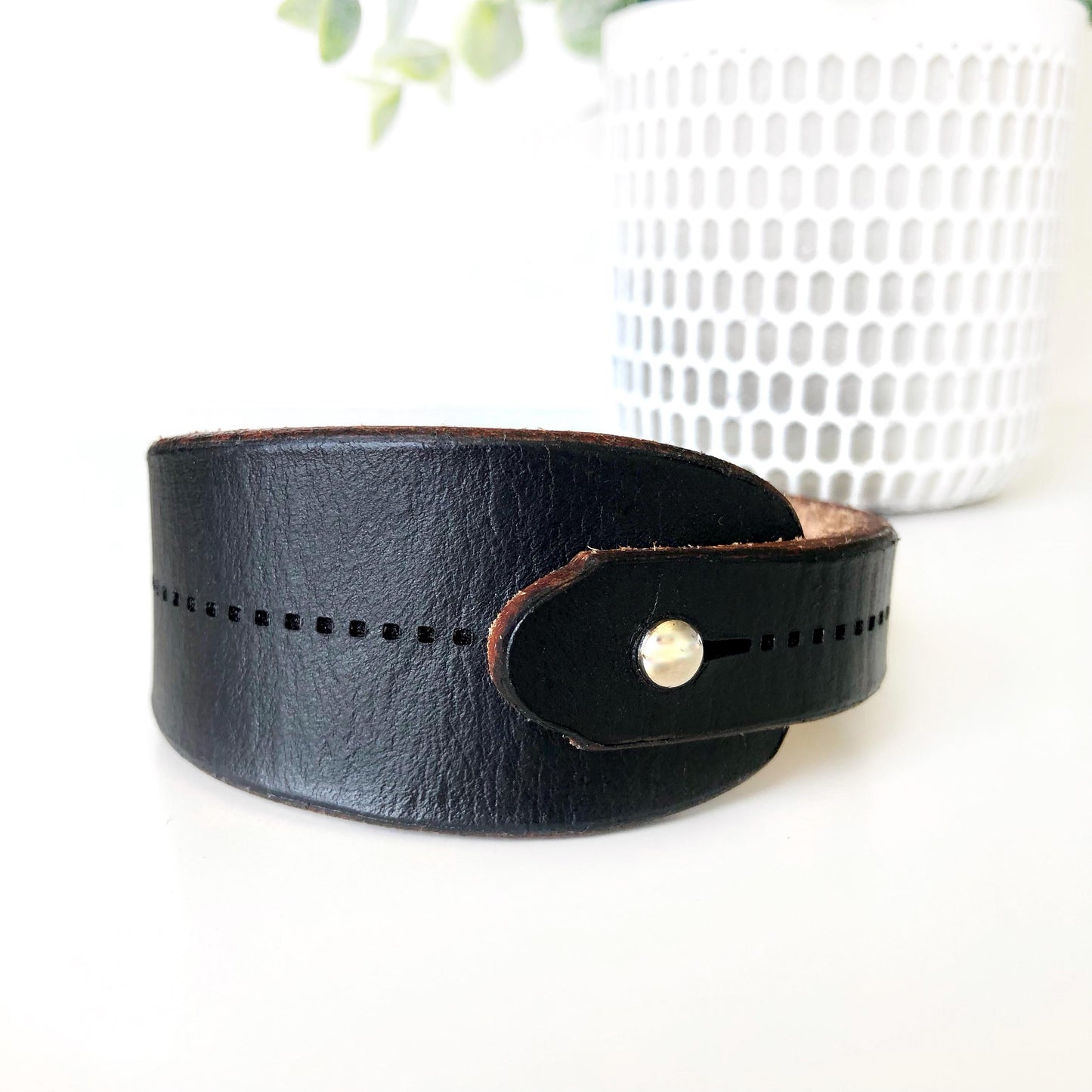 Classic Black Leather Bracelet for Men Handmade from Rawhide Leather