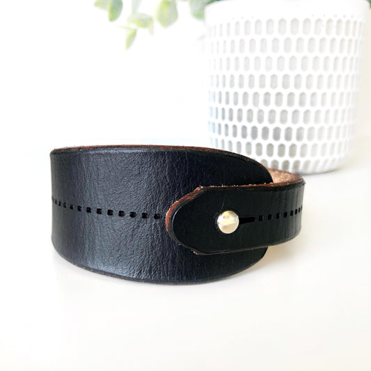 Classic Black Leather Bracelet for Men Handmade from Rawhide Leather