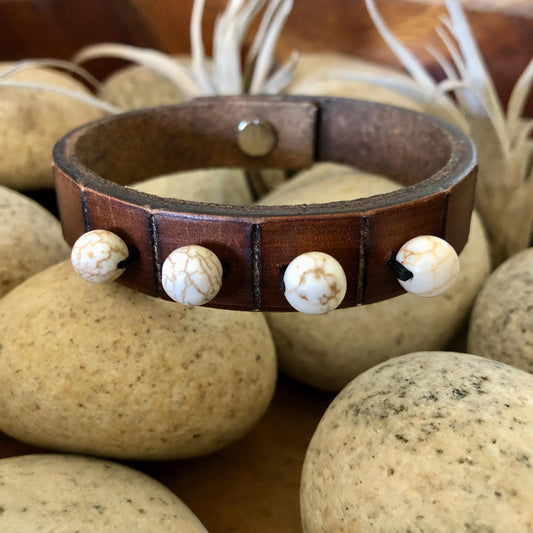 Thin Brown Leather Wristband with White Beads