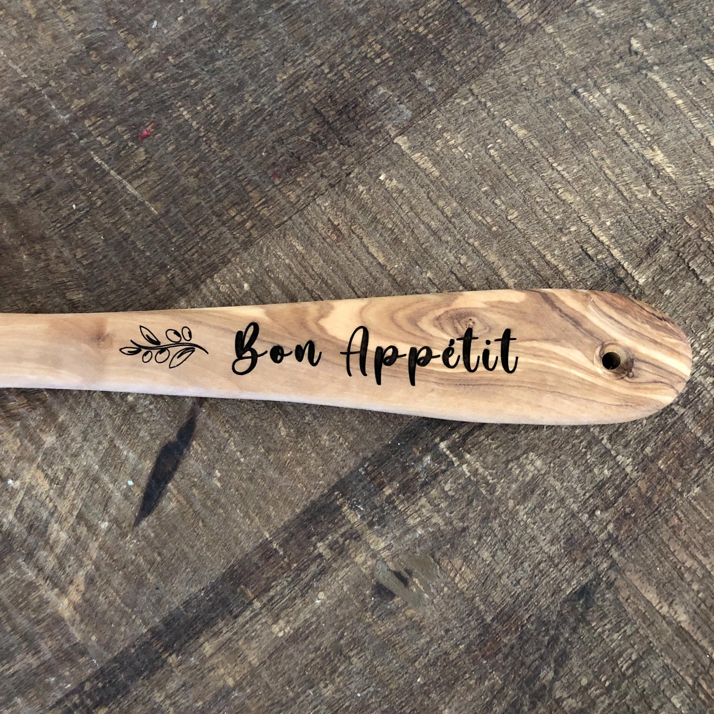 Wooden Spoon, Olive Wood Engraved with Bon Appétit