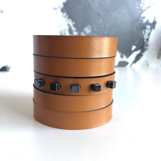 Tan Leather Slit Cuff with Beads