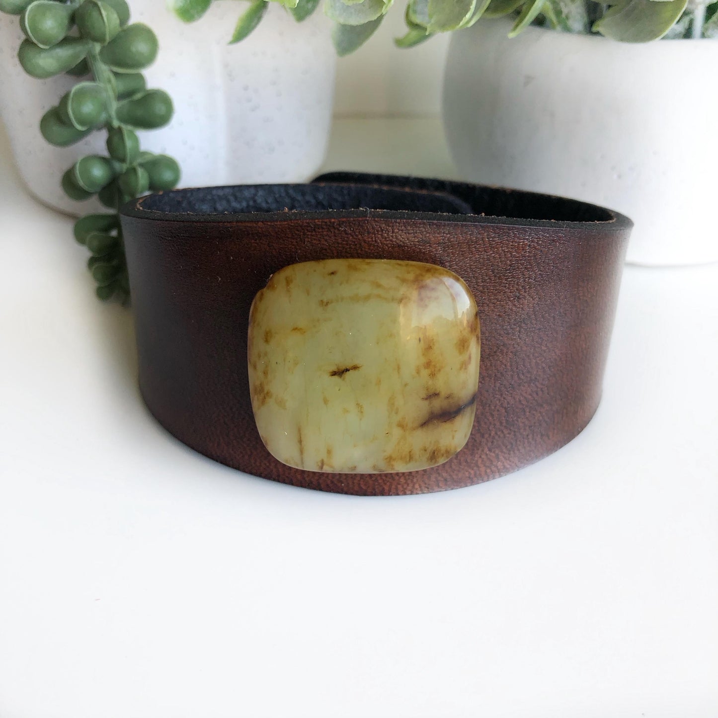 Brown Leather Bracelet with Jade Stone Bead